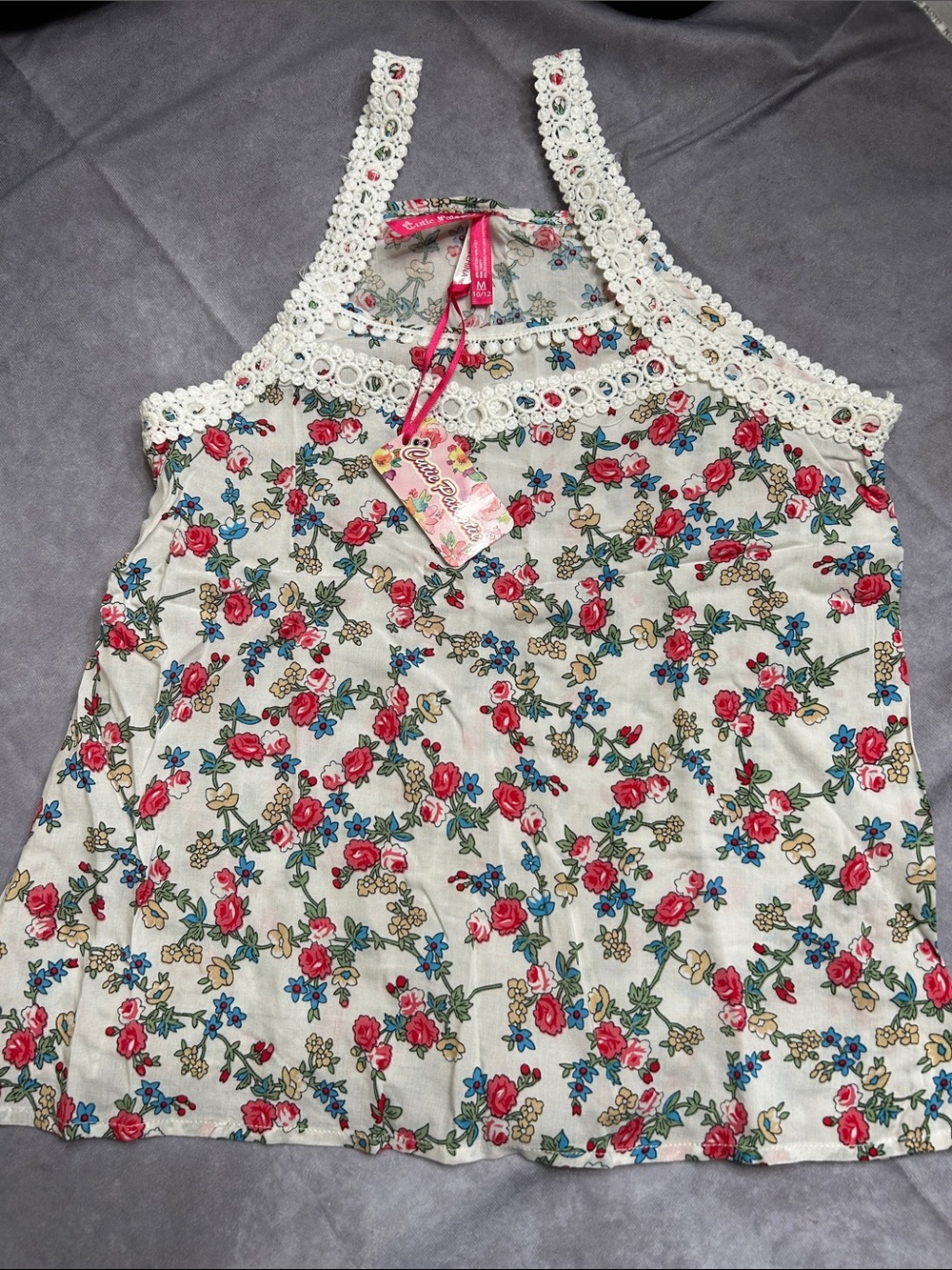 Cutie Patootie Girls Lace-Trim Tank Top - White with Red & Blue Flowers - 10/12